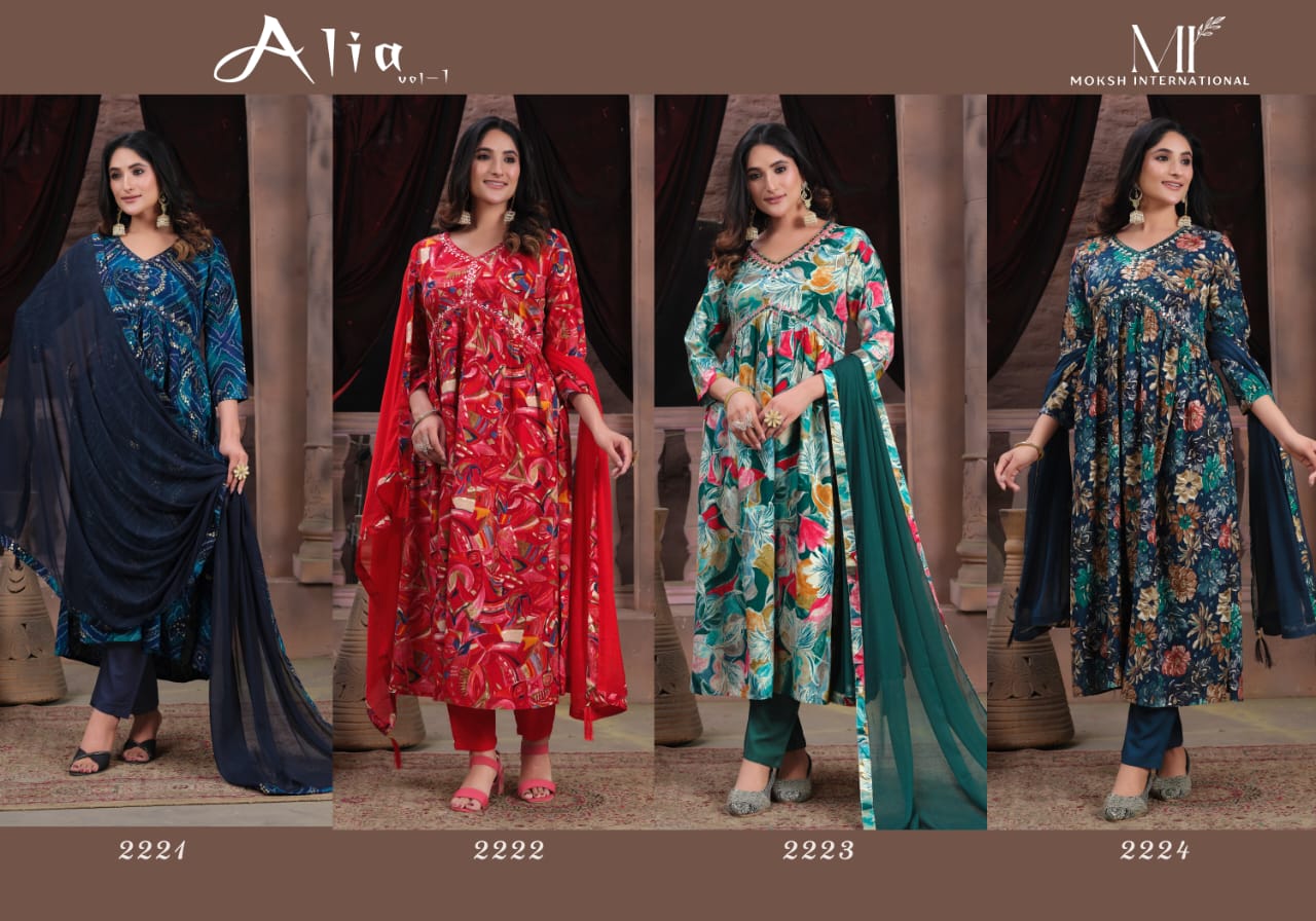 Alia Vol 1 By Moksh Printed Rayon Alia Cut Kurti With Bottom Dupatta
